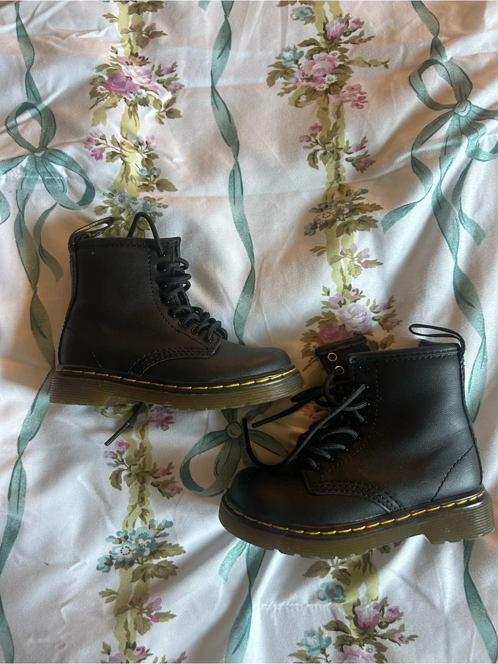 Toddler Black Doc Marten Combat Boots with Yellow Welt Stitching